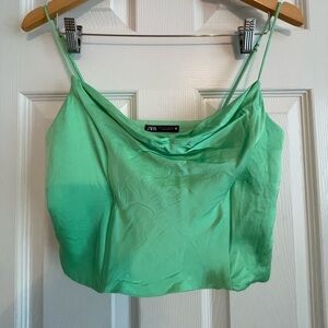 Zara Green Satin Cami Crop Top. Size Small
